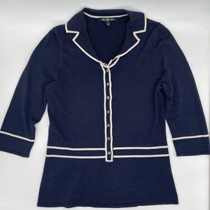 Brooks Brothers Womens Size Medium Silk Cotton Blend Navy V- Neck Button Sweater